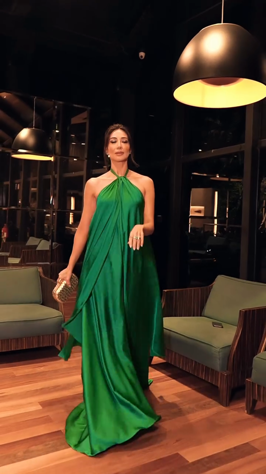 Emerald Green Halter Neck Satin Maxi Gown