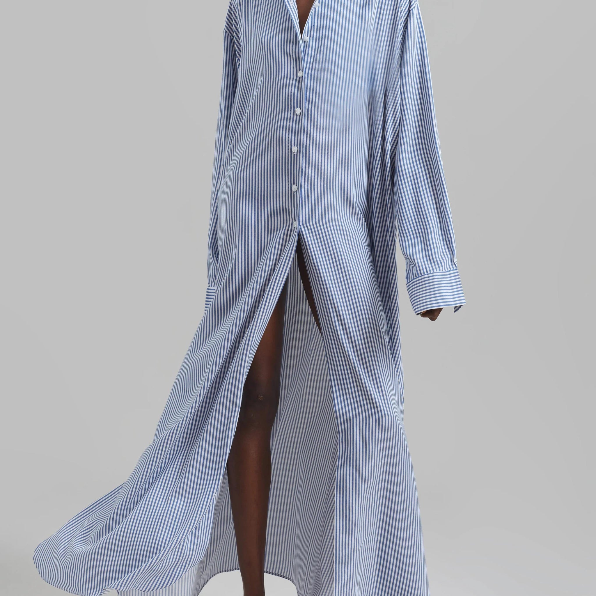 Avery Fluid Shirt Dress - White/Blue Stripe