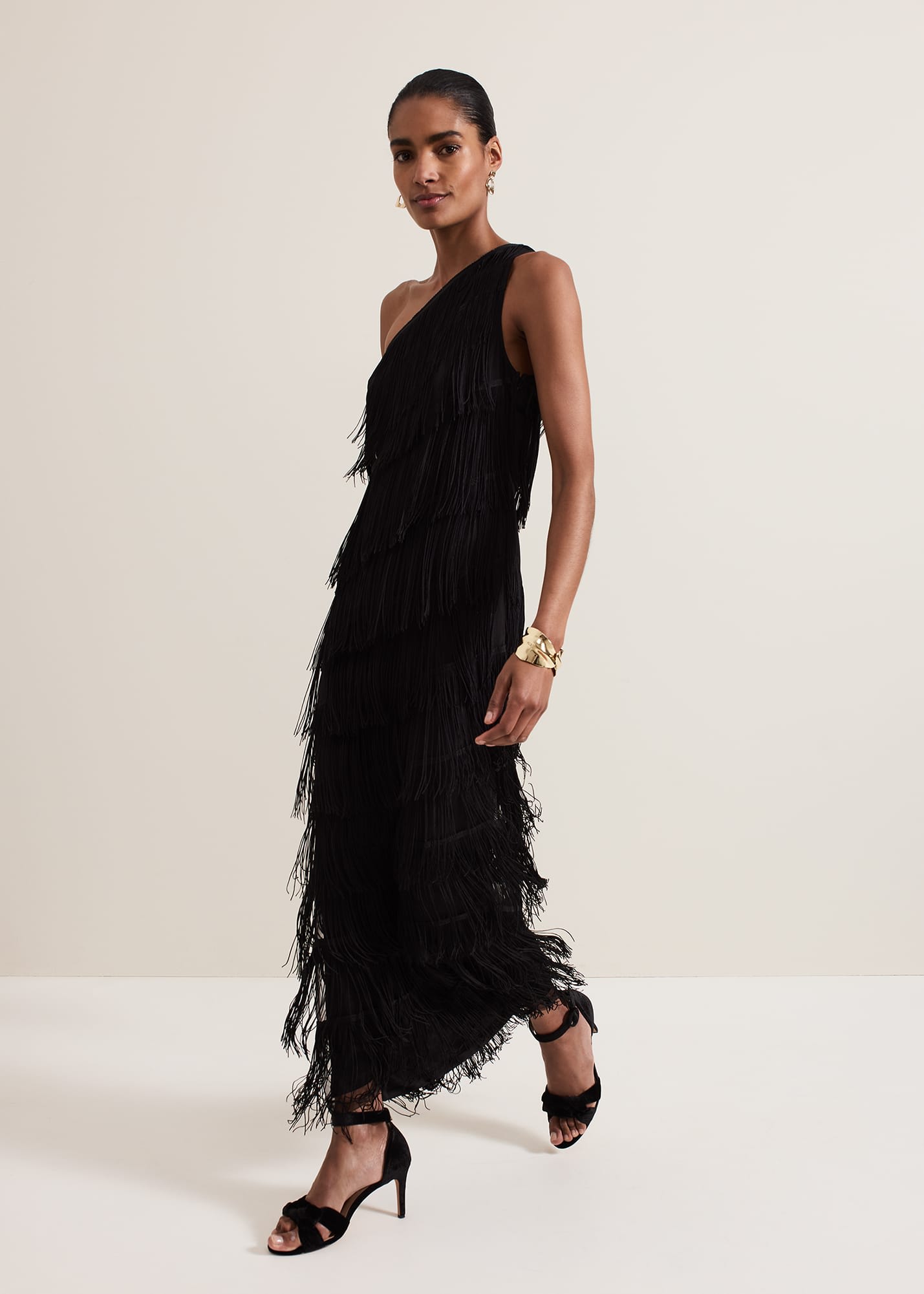 Black One - Shoulder Fringed Maxi Dress