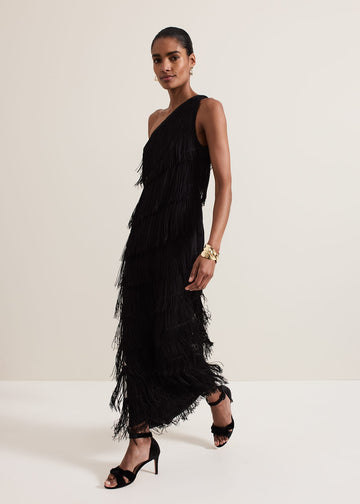Black One - Shoulder Fringed Maxi Dress