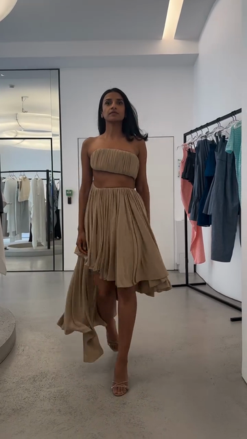 Beige Strapless Cutout Asymmetric Midi Dress