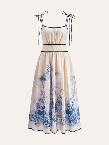 Color Block Floral Print Dress With Tie Straps