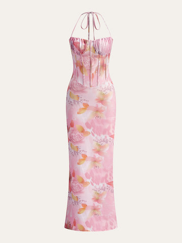 Floral Print Halter Dress With Corset Detail
