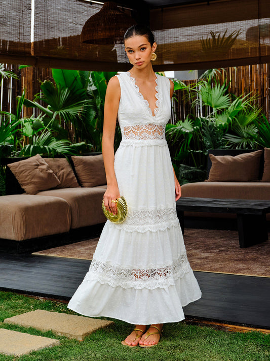 Semi-Sheer Lace Trim V-Neck Dress