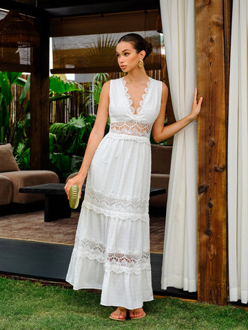 Semi-Sheer Lace Trim V-Neck Dress