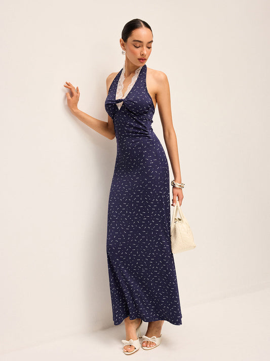 Lace Trim Halter Neck Printed Dress