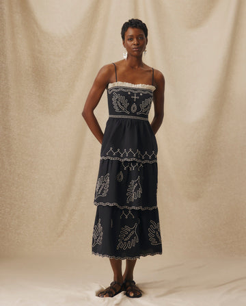 Black Embroidered Cotton Linen Tiered Midi Dress