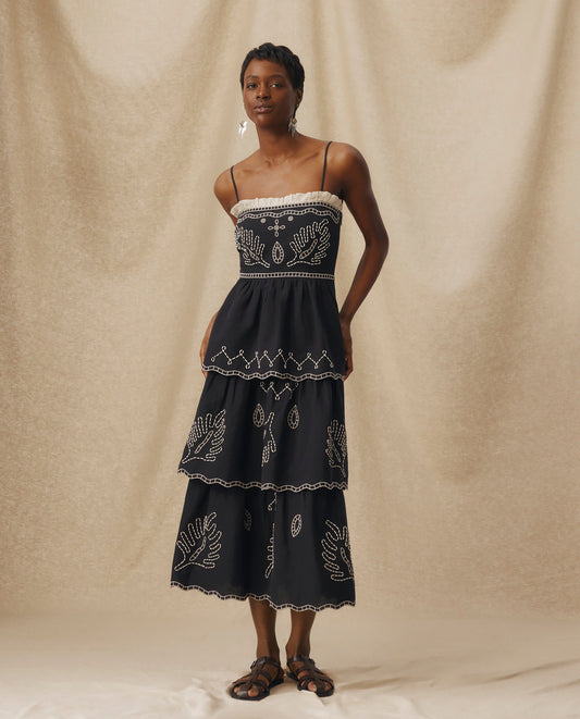 Black Embroidered Cotton Linen Tiered Midi Dress