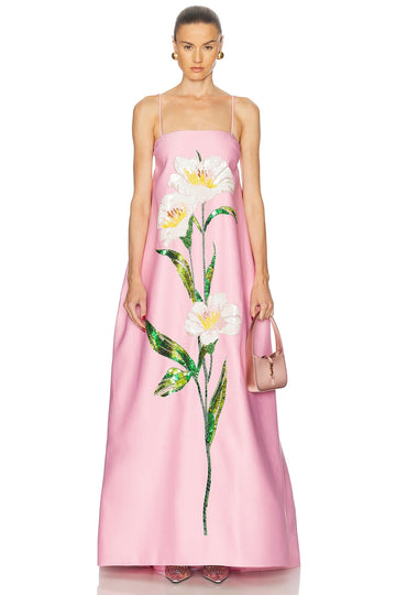 Maxi dress with tulle and floral sequins