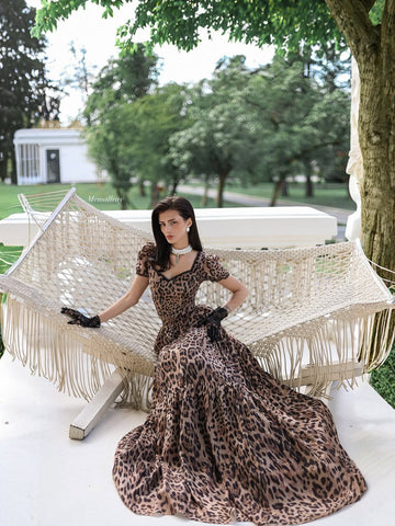 Leopard Print Puff - Sleeve Maxi Dress