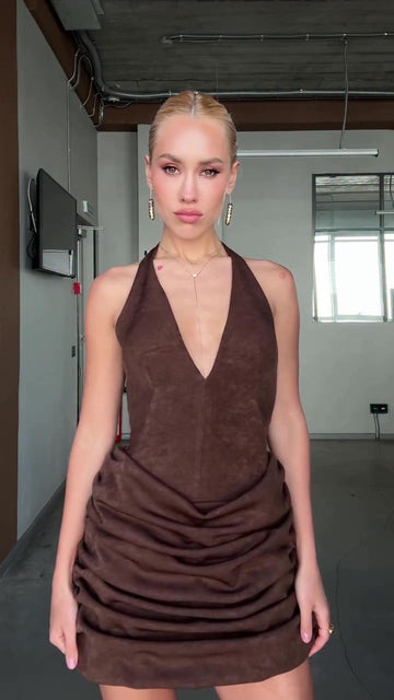 Deep V Backless Pleated Suede Mini Dress