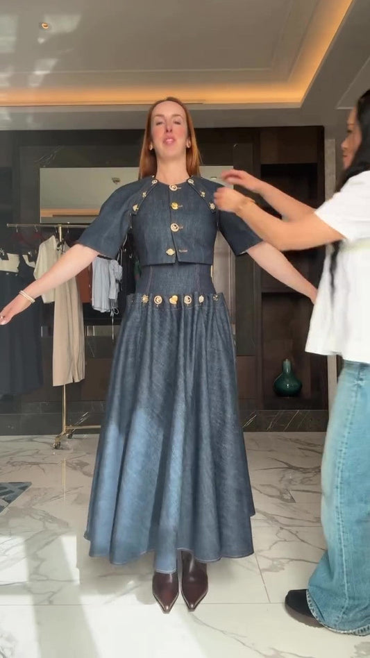 Denim skirt suit with detachable sleeves