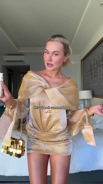 Off-the-shoulder rhinestone satin mini dress