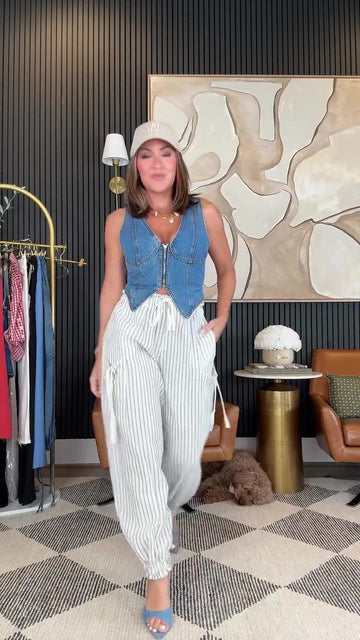 Fitted washed denim vest + striped wide-leg pants set