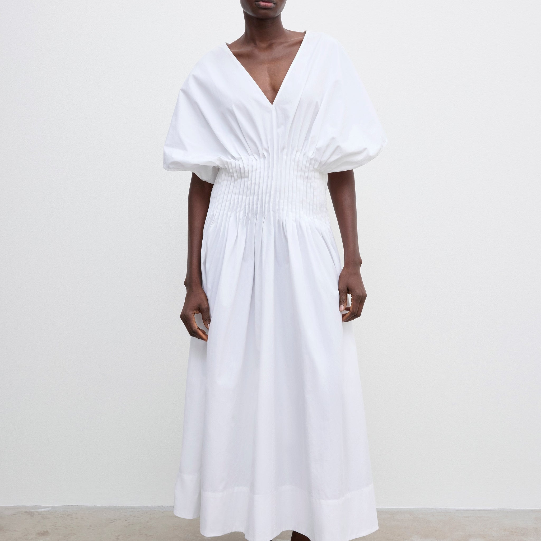 White V - Neck Puff - Sleeve Maxi Dress