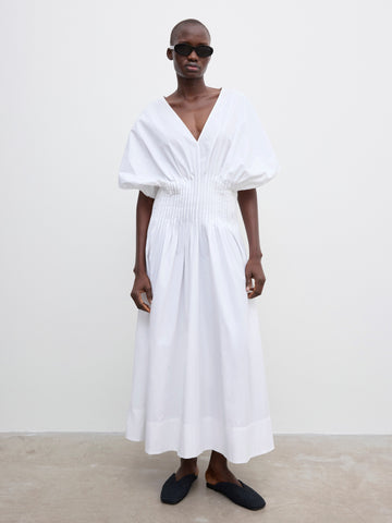 White V - Neck Puff - Sleeve Maxi Dress