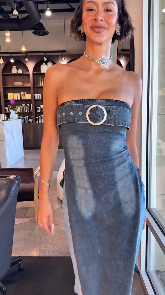 Asymmetric Denim Strapless Midi Dress