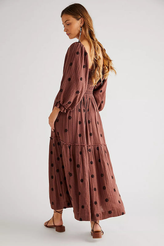 Embroidered Puff - Sleeve Maxi Dress