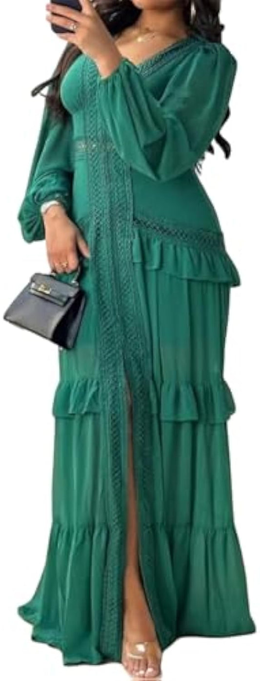 Long Sleeve Deep V Neck Lace Patchwork Ruched Ruffles Long Dress